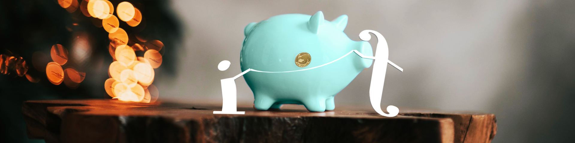 Teal piggy bank with the Instant Finance “i” and “f” characters, in front of Christmas lights