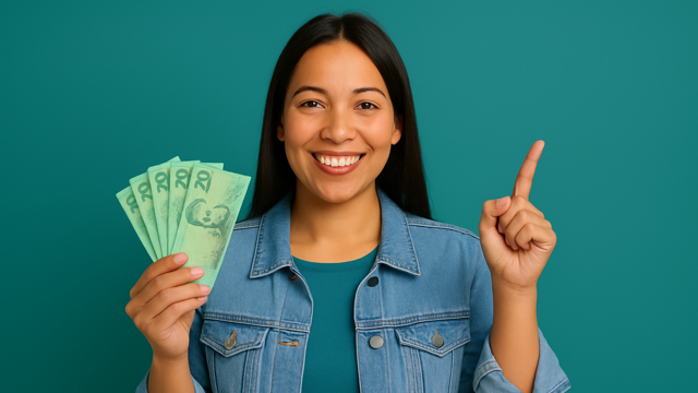 Woman holding up the cash from her instant finance loan top up