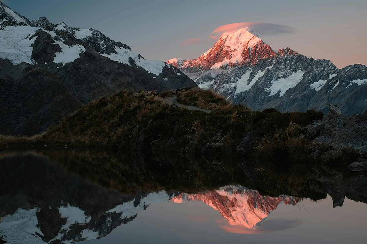 Aoraki/Mount Cook and the surrounding Southern Alps in summer